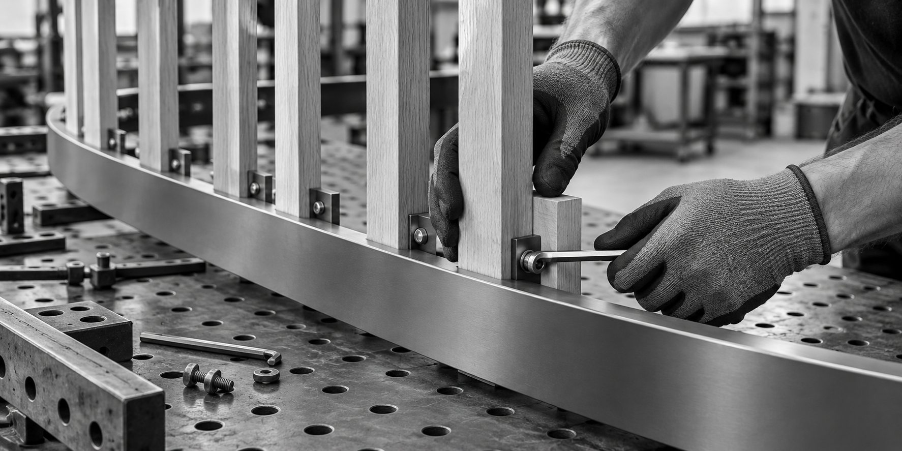 Generated assembly study showing hands fastening wood slats to a curved steel fixture frame