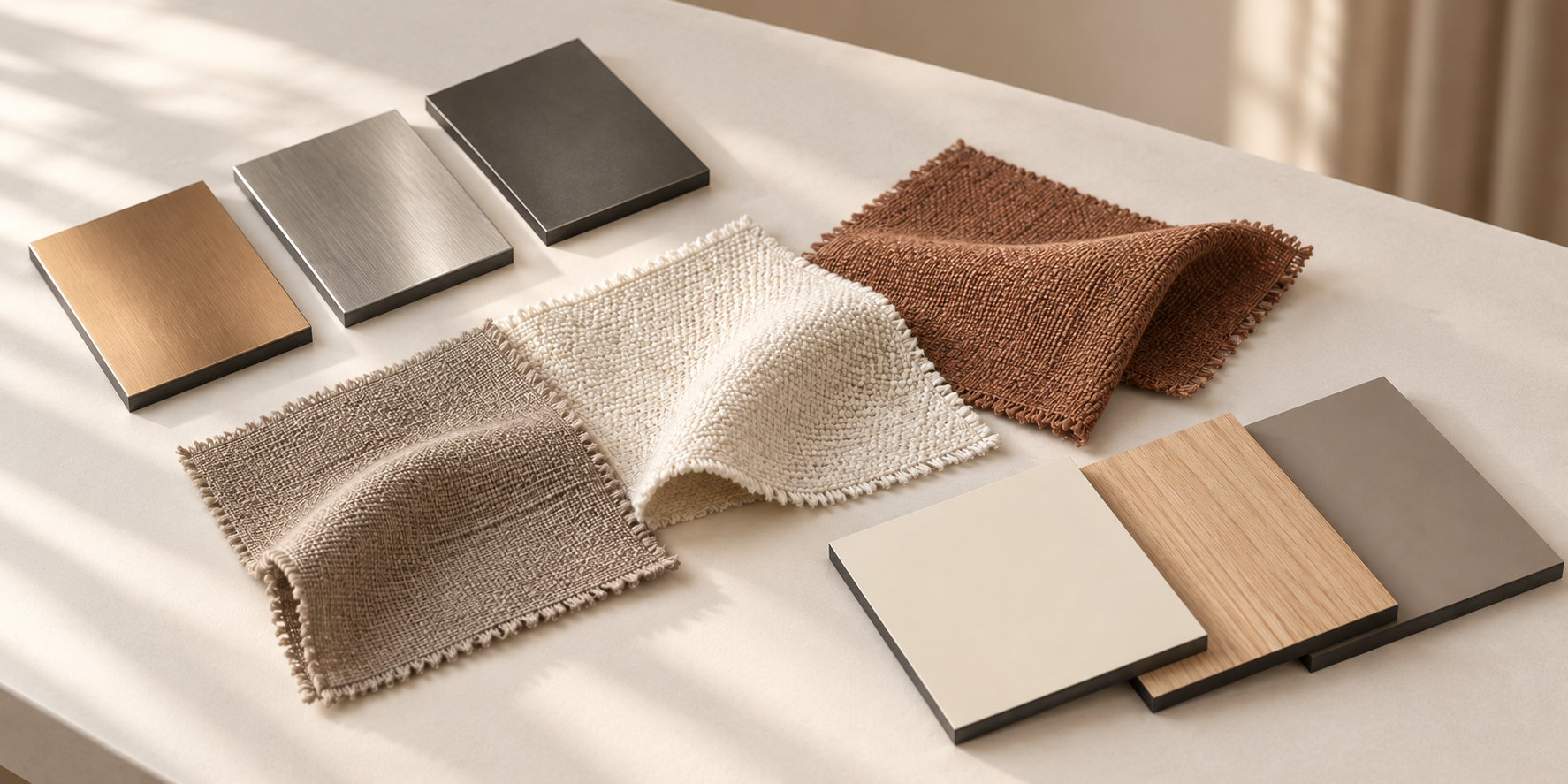 Generated material-selection study showing steel finish swatches, woven fabric samples, and laminate swatches