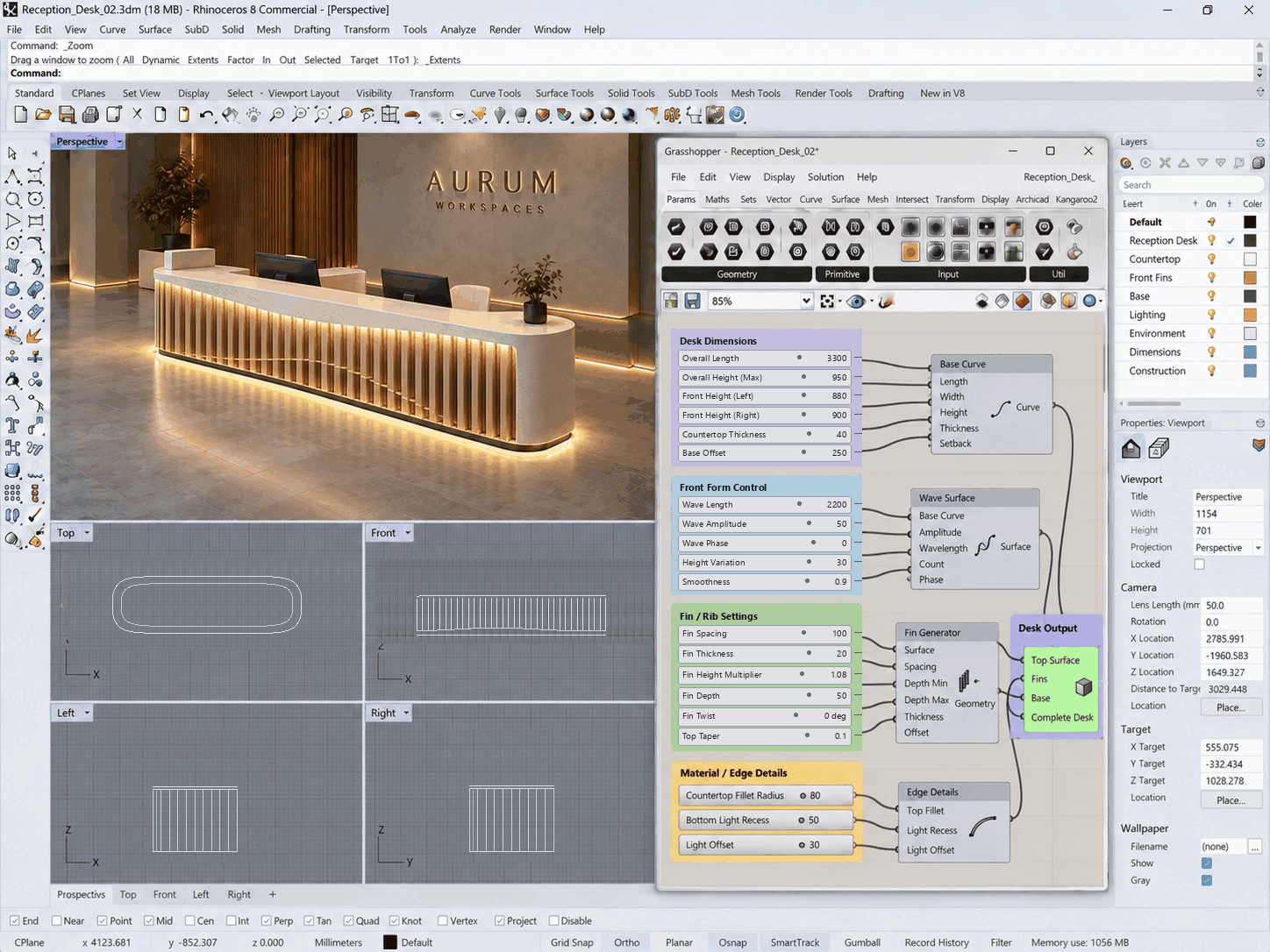 Illustrative Rhino and Grasshopper workflow: reception desk length, height, wave profile and wood fin settings change alongside corresponding orthographic views
